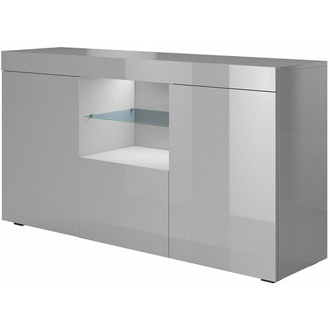 Sideboard mit LED Küchenschrank Kommode Wohnzimmerschrank Aufbewarungsschrank Buffet Esszimmer 135x73x34cm Modell Sefora Grau Glanz