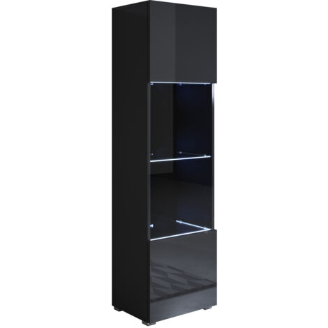 Stehende Vitrineschrank mit 2cm Füsse mit LED Hängeschrank Vitrinenschrank Vitrine Wohnzimmer 1 Tür 4 Fächer 40x167x29cm Modell Luke V6 Schwarz Glanz