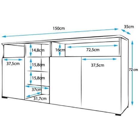 Sideboard Modern mi LED  Küchenschrank  Kommode  Wohnzimmerschrank  3 Türen  Aufbewarungsschrank  Buffet  Esszimmer  150x70x35cm  Modell Clark  Weiss Glanz