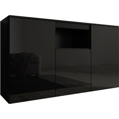Sideboard Modern  Küchenschrank  Kommode  Wohnzimmerschrank  3 Türen  Aufbewarungsschrank  Buffet  Esszimmer  140x80x40cm  Modell Nevada  Schwarz Glanz