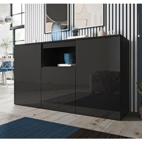Sideboard Modern  Küchenschrank  Kommode  Wohnzimmerschrank  3 Türen  Aufbewarungsschrank  Buffet  Esszimmer  140x80x40cm  Modell Nevada  Schwarz Glanz