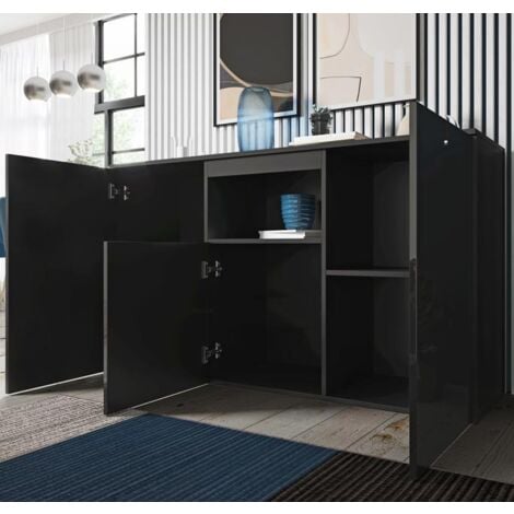 Sideboard Modern  Küchenschrank  Kommode  Wohnzimmerschrank  3 Türen  Aufbewarungsschrank  Buffet  Esszimmer  140x80x40cm  Modell Nevada  Schwarz Glanz