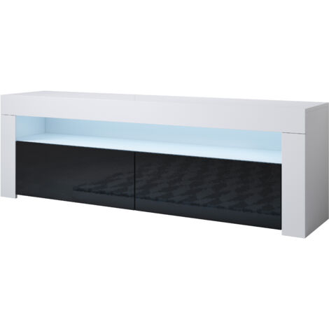 Lowboard Stehend mit LED TV-Schrank Fernsehtisch Stehend TV Möbel TV-Ständer 2 Türen 140x50x35cm Modell Aker Weiss mit Schwarz Glanz