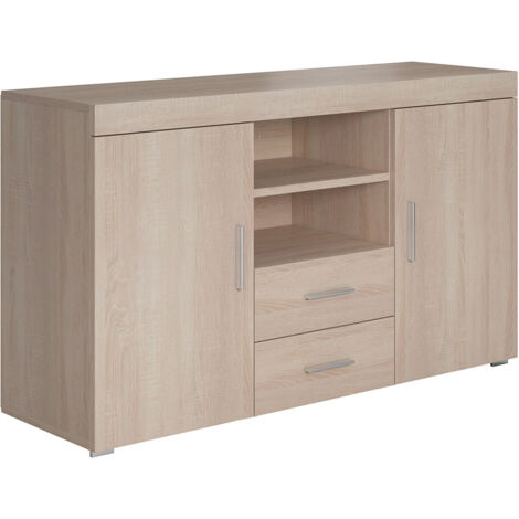 Sideboard Modern Küchenschrank Kommode Wohnzimmerschrank 2 Türen 2 Schubladen Aufbewarungsschrank Buffet Esszimmer 140x80x40cm Modell Roque Sonoma Matt