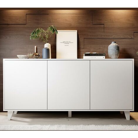 Sideboard Skandinavienstil  Küchenschrank  Kommode  Wohnzimmerschrank  3 Türen  Aufbewarungsschrank  Buffet  Esszimmer  155x74x41cm  Modell Dakar  Weiss Matt