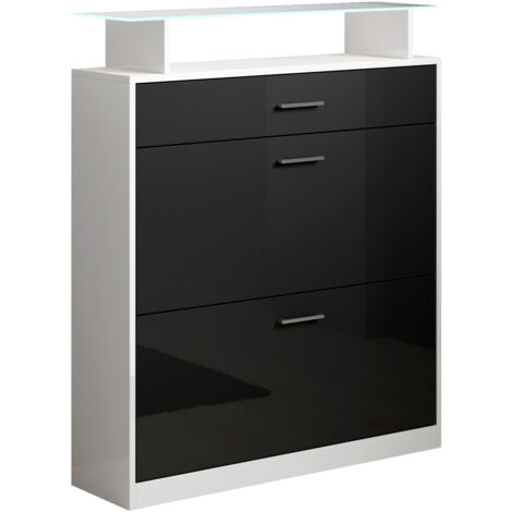 Schuhschrank mit LED  Flurmöbel  Garderobenset  2 Tiefenklappen  1 Schublade  Schuhkipper  105x89x23cm  Modell Paola  Weiss und Schwarz Glanz