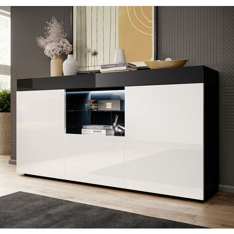 Sideboard mit LED  Küchenschrank  Kommode  Wohnzimmerschrank  Aufbewarungsschrank  Buffet  Esszimmer  135x72x34cm  Modell Sefora  Schwarz mit Weiss Glanz