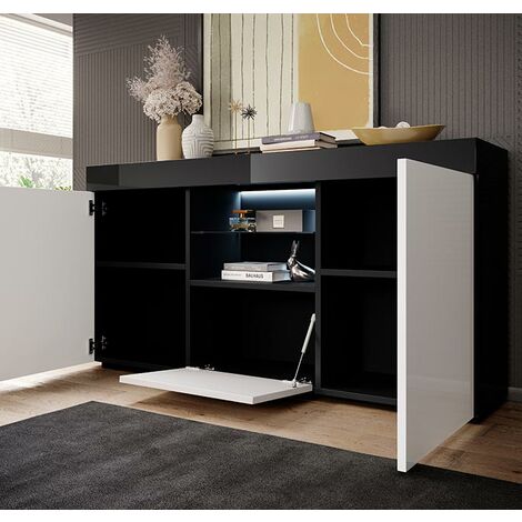 Sideboard mit LED  Küchenschrank  Kommode  Wohnzimmerschrank  Aufbewarungsschrank  Buffet  Esszimmer  135x72x34cm  Modell Sefora  Schwarz mit Weiss Glanz