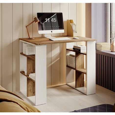 Schreibtisch  Computertisch  Bürotisch  Industrie-Design  Büromöbel  Laptoptisch  Weiss Matt und und Holz-Optik  90x74x60cm  Modell Urban