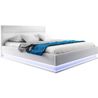 Polsterbett mit Bettkasten Bettgestell Bett Doppelbett mit LED Beleuchtung Bettkasten Bett Holzstruktur mit Kunstlederbezug Weiss Matt Modell Nitas Für Matratze 160x200