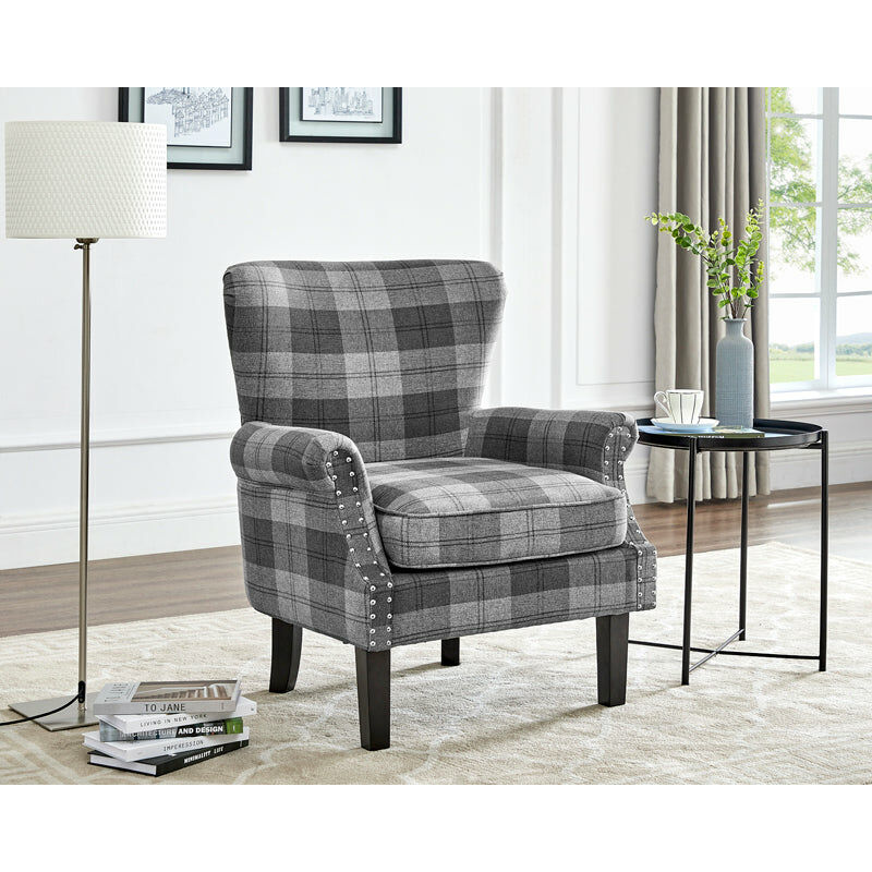 Warmiehomy Wing Back Armchair Fabric Tartan Fireside Accent Chair with Solid Wood Legs for Living Room Bedroom Reception Contemporary Dark Grey 