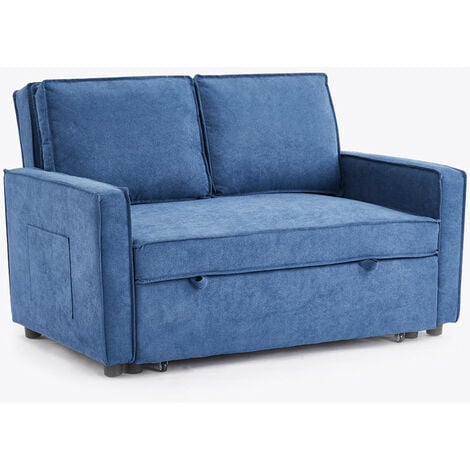 Hugo 2 Seater Sofa Bed Pull Out Linen Fabric, Blue