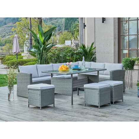 Rattan Corner Group Garden Furniture Set Outdoor Dining Table Sofa Stool Set, Grey