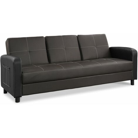 Sofa Bed with Magazine Pocket Cup Holder Faux Leather 3 Seater Modern Design