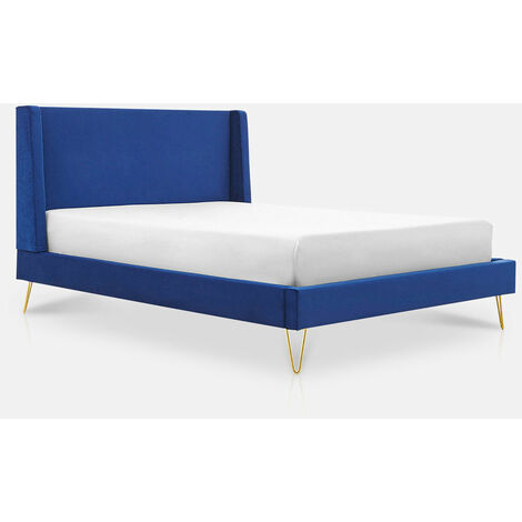Athena Velvet Blue Double Bed Gold Legs