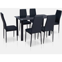 Orleans Glass Dining Table Set 6 Chairs Black Faux Leather Kitchen Dining Furniture