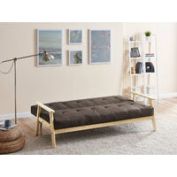 Langford Sofa Bed Fabric 3 Seater Button Detail Wooden Frame Sofabed, Dark Brown with Oak Wood Frame