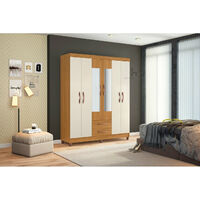 Ambar 6 Door Wardrobe Storage Unit with Mirror and Built-in Shelving, Oak & Off White