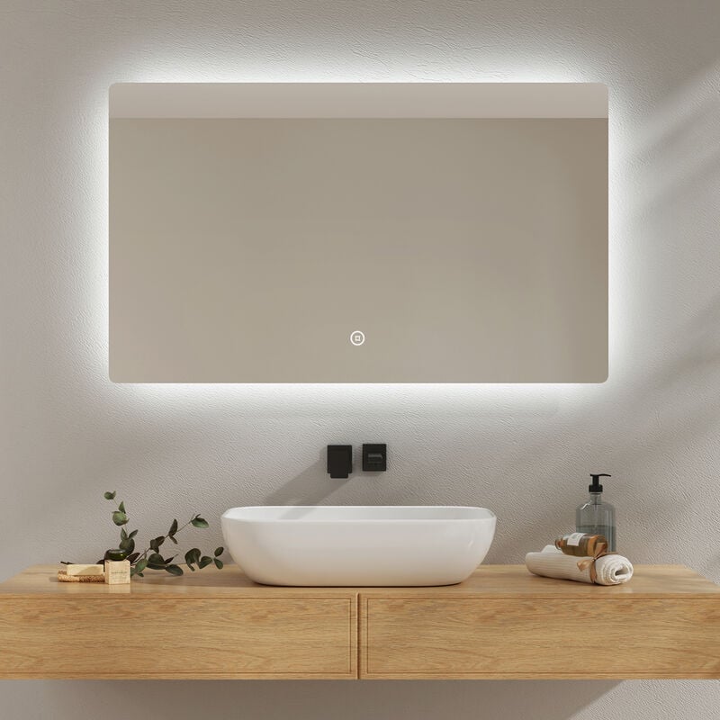 EMKE Badspiegel LED Wandspiegel mit Beleuchtung 100x60cm  (Warmweißes/Kaltweißes/Neutrales Licht, Touch-Schalter)