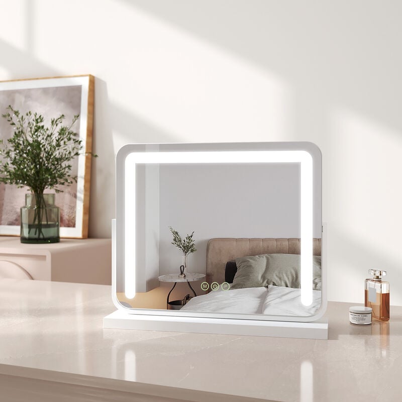 EMKE Schminkspiegel mit Beleuchtung LED Kosmetikspiegel Drehbar Make Up  Spiegel mit Touchschalter, 3 Lichtfarben Dimmbar und Memory-Funktion, Weiß,  50x41,6cm
