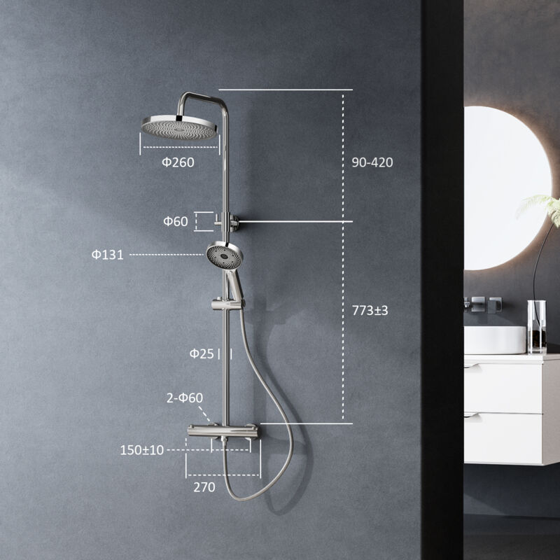 EMKE Duschsystem Mit Thermostat – Regendusche, Handbrause Mit 3 Strahlarten, Verchromt, Höhenverstellbar