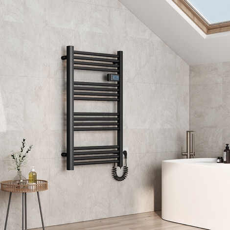 EMKE Elektrischer Badheizkörper Elektrisch mit Intelligenten Thermostat Gerade mit Seitenanschluss , Handtuchwärmer aus Aluminium Handtuchtrockner mit Heizstab  96 x54 cm  Schwarz