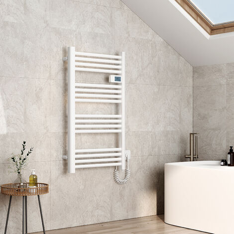 EMKE Elektrischer Badheizkörper Elektrisch mit Intelligenten Thermostat Gerade mit Seitenanschluss , Handtuchwärmer aus Aluminium Handtuchtrockner mit Heizstab 96 x54 cm Weiß