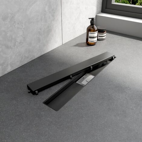 EMKE Duschrinne 50 cm Edelstahl Befliesbar 2 in 1 Komplettset Bodenablauf Dusche Siphon, Extra Flach Abflussrinne Haarsieb Randablauf Schwarz