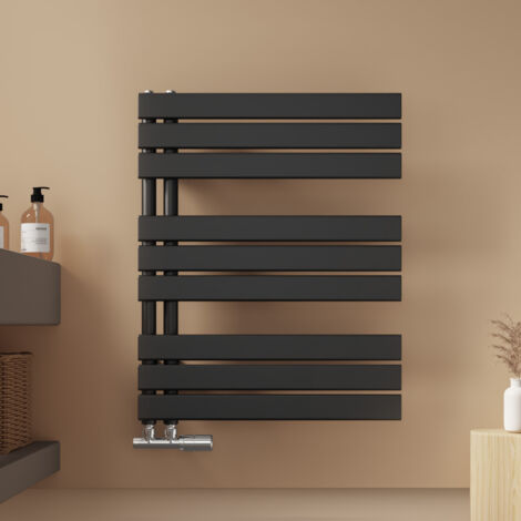 EMKE Badheizkörper Flach 762x600 mm Schwarz Handtuchwärmer Klein Handtuchtrockner, Panel Handtuchhalter Seitenanschluss für Bad Warmwasser 479W