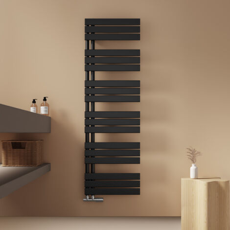 EMKE Badheizkörper Flach 1599x500 mm Schwarz Handtuchwärmer Handtuchtrockner, Panel Handtuchhalter Seitenanschluss für Bad Warmwasser 794W