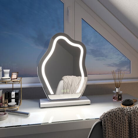 EMKE Schminkspiegel mit Beleuchtung Unregelmäßige Kurve Kosmetikspiegel  360° Drehbar, Touchschalter, 3 Lichtfarben Dimmbar und Memory