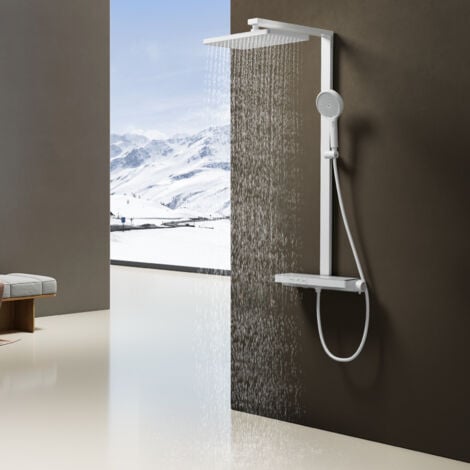 EMKE Duschsystem Duschsystem mit Thermostat Duschset mit 40cm Thermostatische Platte, 4 Strahlart(en), Brausestange, Handbrause, Regendusche, Wasserauslass,Weiß