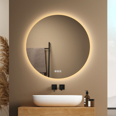 EMKE Rund Badspiegel 70cm Antibeschlage Badezimmerspiegel mit 3 Lichtfarben Helligkeit Einstellbar Memory-Funktion