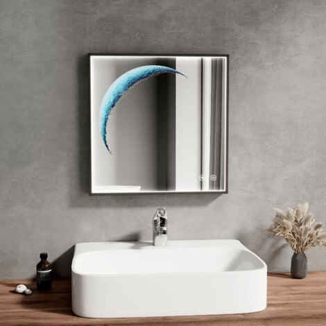 EMKE Quadratisch Badspiegel mit Beleuchtung 6500K LED-Lichtspiegel mit  Beschlagfrei 50cm Mond Dekospiegel Touch Wandspiegel mit