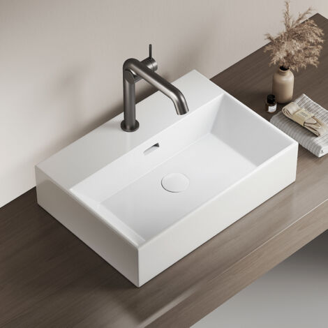 EMKE Waschbecken Aufsatzwaschbecken Hängewaschbecken für Badezimmer Gäste WC 51.5 x 36.5 x 13 cm Bad Wandwaschbecken Waschtisch Weiß