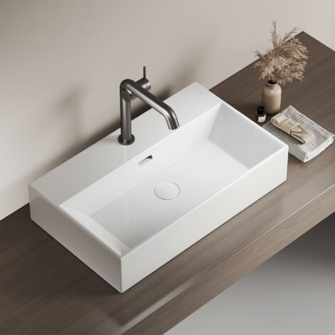 EMKE Waschbecken Aufsatzwaschbecken Hängewaschbecken für Badezimmer Gäste WC 60 x 36 x 13 cm Bad Wandwaschbecken Waschtisch Weiß