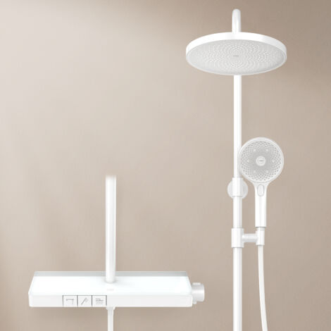 EMKE Duschsystem mit Thermostat 40cm Thermostatische Platte Duschsäuleset 2-in-1-Filter-Großbrause und Handbrause Weiß
