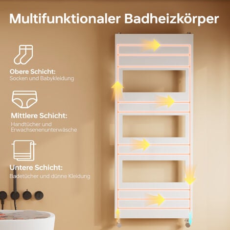 EMKE Badheizkörper Handtuchheizkörper Handtuchtrockner 1200x500 mm Flacher Handtuchheizkörper mit Seitenanschluss Badheizkörper Handtuchhalter Weiß 525W