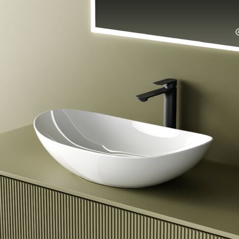 EMKE Aufsatzwaschbecken Ovales Waschbecken Waschplatz Handwaschbecken für Badezimmer 61.5 x 36 x 15.5 cm Waschtisch Weiß