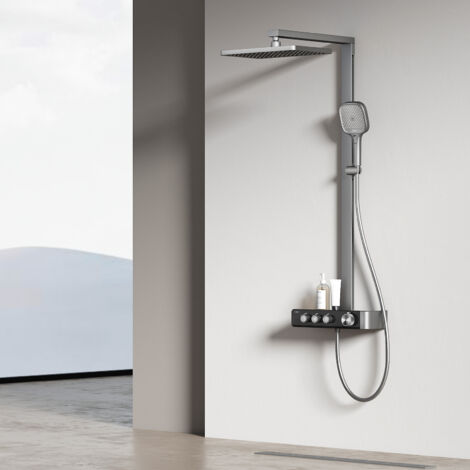 EMKE Duschsystem mit Thermostat Anthrazit Matt Duscharmatur Komplettset 36x24 cm Regendusche 3 Strahlarten Handbrause Brausestange und Schlauch