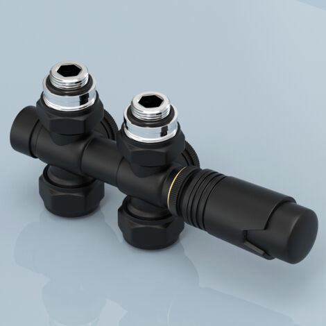 EMKE 2-in-1 Multiblock Mattschwarz Universal Heizkörperventil Thermotstat Eck & Durchgang 50mm für 15mm Kupfer & 16mm Pex (1/5)