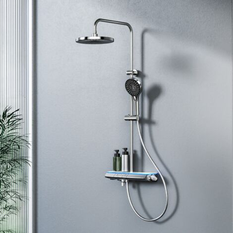 EMKE Duschsystem mit Thermostat Chrom mit LED-Beleuchtung Regendusche mit 3 Strahlarten Handbrause + Regendusche mit Armatur + Bodennaher Wasserstrahl