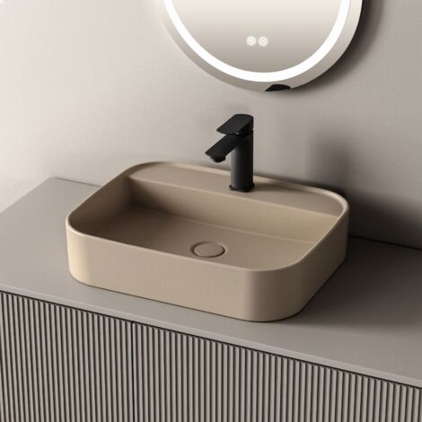 EMKE Aufsatzwaschbecken 40 x 60 x 11 cm Mattbeige Abgerundete Rechteckiges Keramikwaschbecken