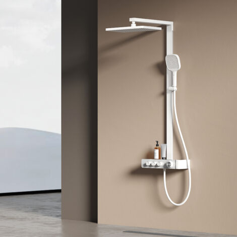 EMKE Duschsystem mit Thermostat Weiß Matt Duscharmatur Komplettset 36x24 cm Regendusche 3 Strahlarten Handbrause Brausestange und Schlauch