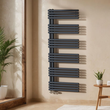 EMKE Handtuchheizkörper 153 × 60 cm mit Seitenanschluss Anthrazit Badheizkörper Handtuchhalter Handtuchwärmer 1075W