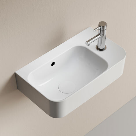 EMKE Wandwaschbecken für Badezimmer 45 x 26.5 x 15.6 cm Hochweiß Rechteckiges Keramikbecken Hahnloch Rechtes