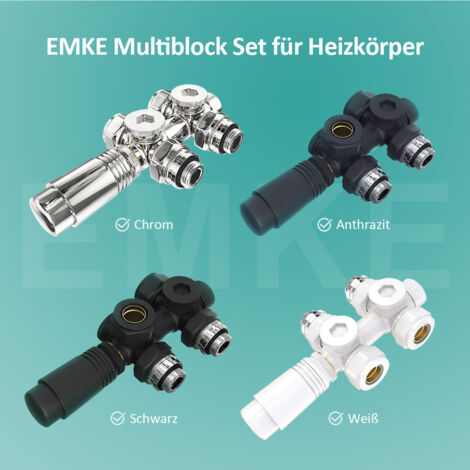 EMKE Hahnblock Thermostatventil Multiblock Set Heizkörper Mittelanschluss Eck- und Durchgangsform φ16xG1/2" Schwarz (1/5)