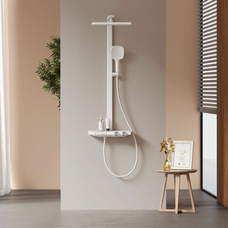 EMKE® Premium Duschsystem mit Thermostat Regenduschkopf (36x24 cm) 4 Strahlarten Handbrause in Weiß Matt