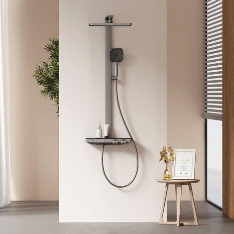 EMKE® Premium Duschsystem mit Thermostat Regenduschkopf (36x24 cm) 4 Strahlarten Handbrause in Anthrazit Matt