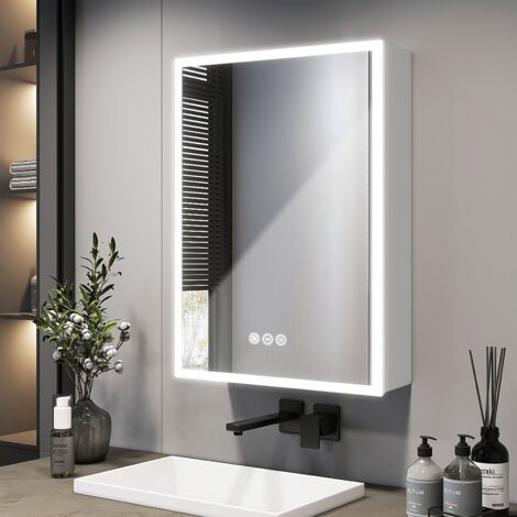 EMKE LED Spiegelschrank mit Beschlagfrei 50x70cm Silberweiß Badezimmer Spiegelschrank mit Dimmbar 3 Lichtfarben Steckdose Glasablage